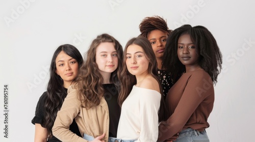 Group of young women from different cultures on a white background