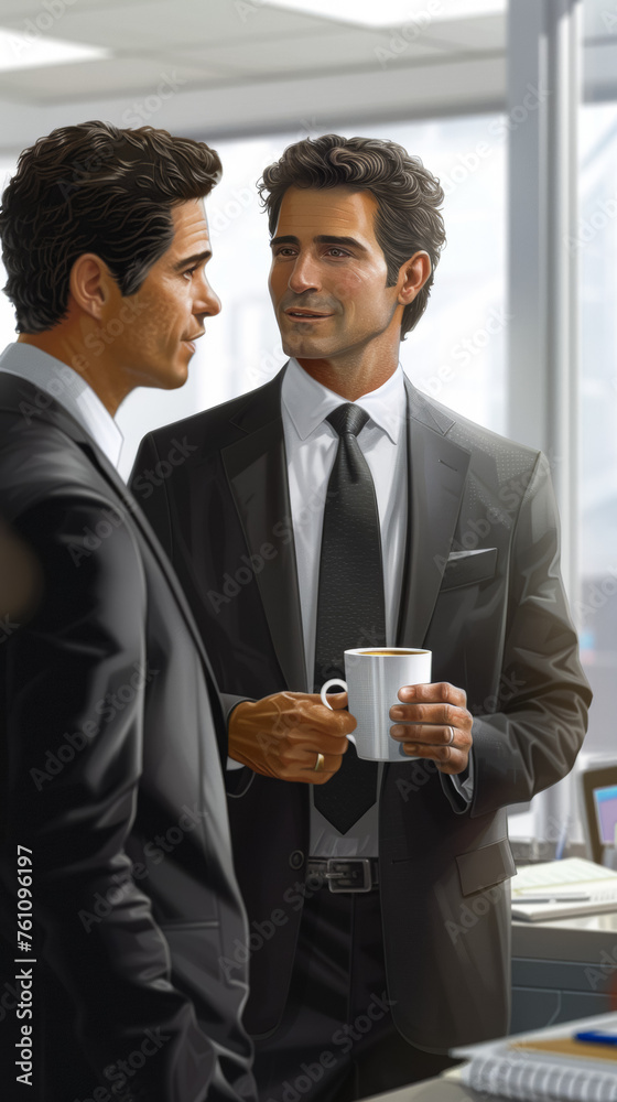30 years old smart boss office man hold a cup of coffee wearing suit talk with other man , stand in office room , in the mood of business work, modern,note book