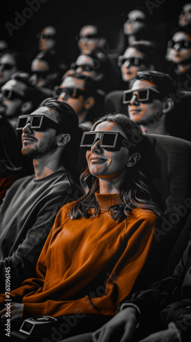 vintage people watching movie in the cinema wearing 3d black lens glasses