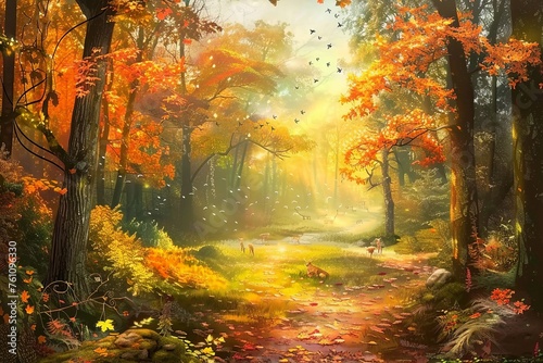 Immerse yourself in the vibrant hues of an autumn forest ablaze with fiery foliage with a nature background  capturing the essence of the changing seasons  Generative AI