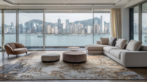 Elegant and minimalist living room with large windows overlooking the city skyline