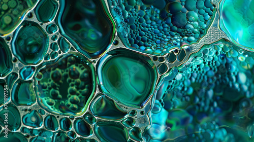 A detailed view of a liquid crystal layer in an electrochromic window with a pattern of dazzling blue and green hues resembling a miniaturized galaxy. photo