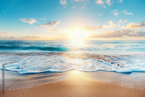 Explore the breathtaking beauty of a sun-kissed beach at dawn with a nature background, featuring golden sands and gentle waves lapping the shore, Generative AI