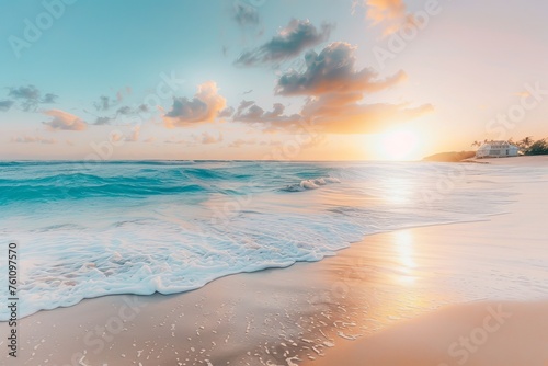 Explore the breathtaking beauty of a sun-kissed beach at dawn with a nature background  featuring golden sands and gentle waves lapping the shore  Generative AI