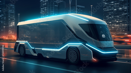 Futuristic electric truck vehicles automatic on the road. © Nittaya
