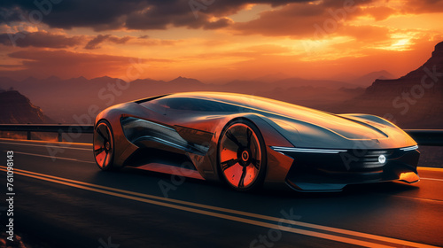 Futuristic electric car on highway sunset. © Nittaya