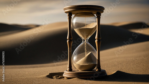 An hourglass timer sits on a sand dune as the sand inside slowly trickles down. photo