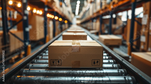 Cardboard boxes travel down a conveyor belt in a modern distribution warehouse