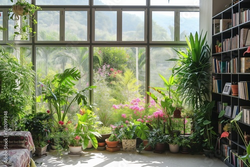 A large greenhouse filled with exotic plants with a large window