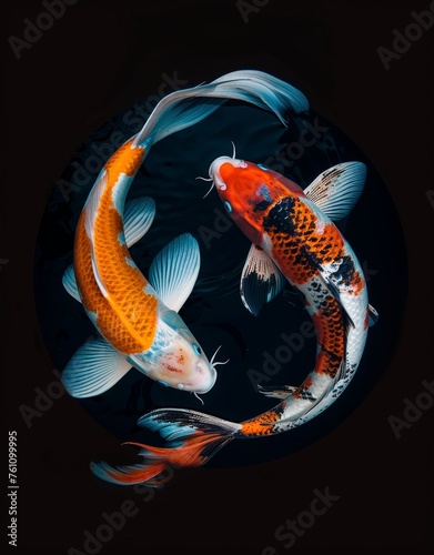 Beautifully Stylized and Illustrated Koi Fish Swimming After Each Other. Generative AI. 