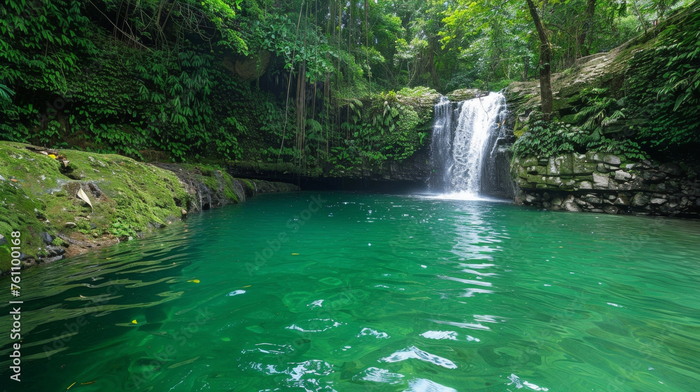 The natural pool below the waterfall is a shimmering shade of emerald inviting us to dive in and cool off. The natural pool below the waterfall is a shimmering shade of emerald inviting us to dive in and cool off.