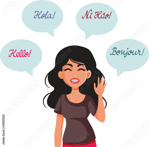 Waving Woman Saying Hello in Many Languages Vector Character. Polite girl presenting greetings in four languages 
