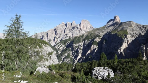 Mountain peak Torre dei Scarperi, left Schwabenalpenkopf in Sexten Dolomites Sesto Dolomites, South Tyrol, Italy photo