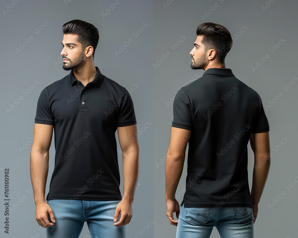 Front and back views of a man wearing a black polo shirt mockup template Front and back views of a man wearing a black polo shirt mockup template
