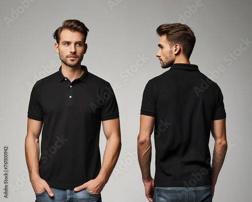 Front and back views of a man wearing a black polo shirt mockup template