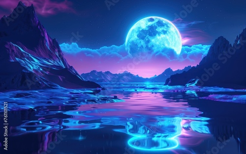 Celestial Harmony, An awe-inspiring digital landscape showcasing a colossal moon rising over a neon-lit, icy mountain range, reflecting in the tranquil waters below under a starry sky © auc