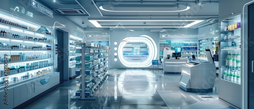 The Pharmacy of Tomorrow, ultramodern pharmacy interior a sleek and sterile environment equipped with the latest in pharmaceutical technology, futuristic aesthetic, signaling a new era of healthcare photo