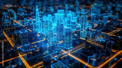 Neon Blueprint of Urban Progress, A vibrant, complex 3D visualization of a city's digital infrastructure, glowing with neon outlines represent the bustling urban development and smart city concept photo