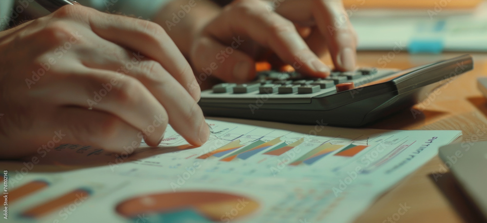 Close-up of hands using calculator over financial documents, analyzing business data. Close-up of hands using calculator over financial documents, analyzing business data.