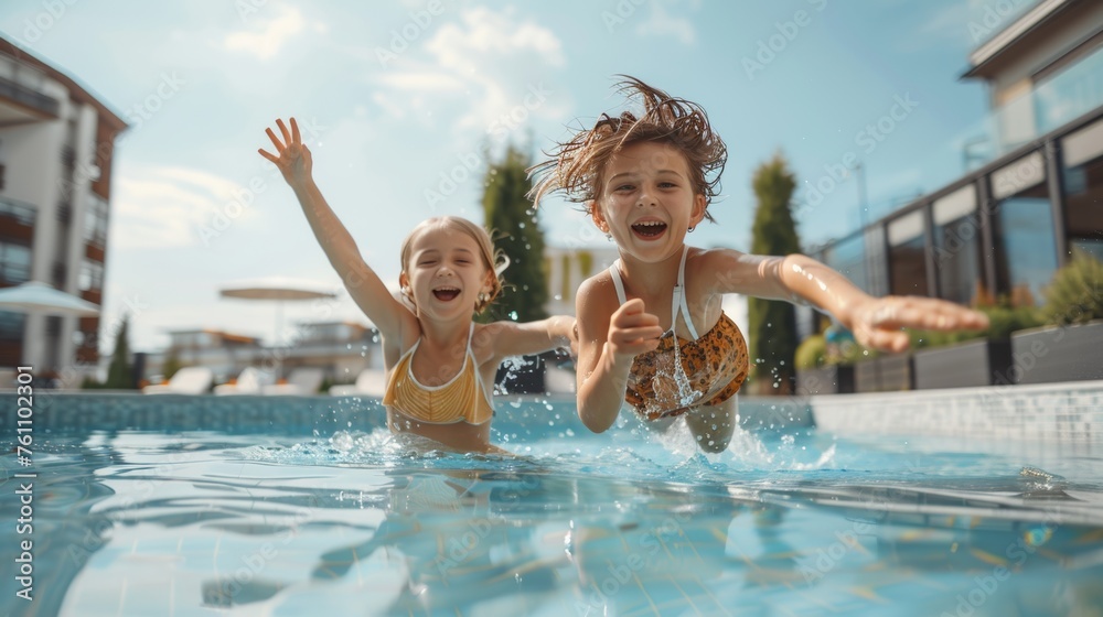 Happy children swimming pool, fun, splashing, siblings.
