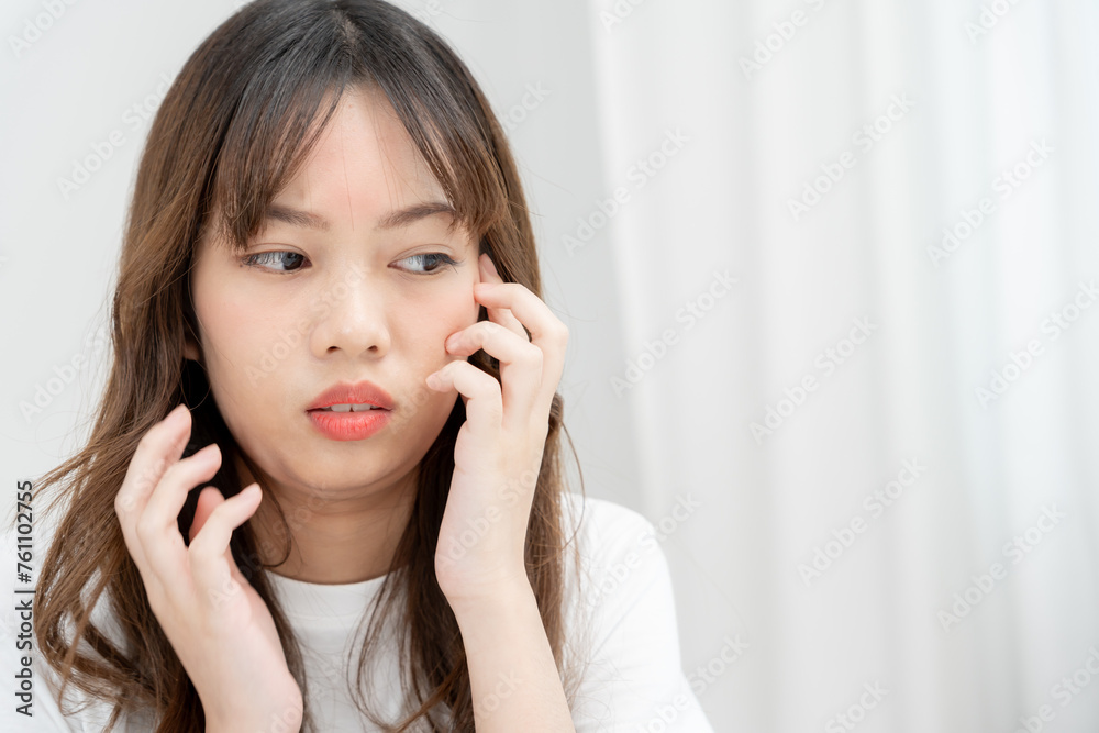 Woman worried about face Dermatology, rosacea dermatitis, allergic steroids, sensitive skin, red face from sunburn, acne, dry skin, large pores ,rash face, dull, freckles, wrinkle, skin problem Woman worried about face Dermatology, rosacea dermatitis, allergic steroids, sensitive skin, red face from sunburn, acne, dry skin, large pores ,rash face, dull, freckles, wrinkle, skin problem