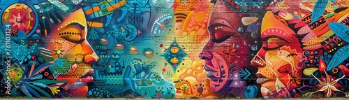 The colorful mural tells a powerful cultural story  with various symbols and vibrant contrasting colors