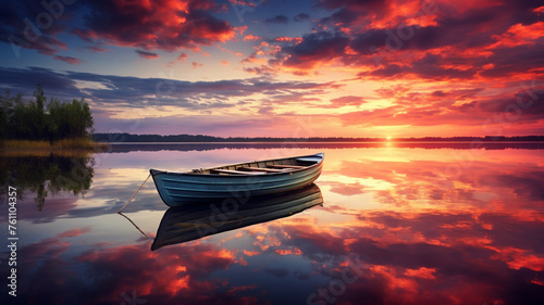 Beautiful sunset over calm lake and a boat with scenery © BornHappy