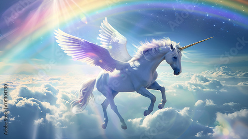 Artistic Style Unicorns with Wings Flying Over A Rainbow Aspect 16 9 Perfect for Print on Demand Artwork Merchandise
