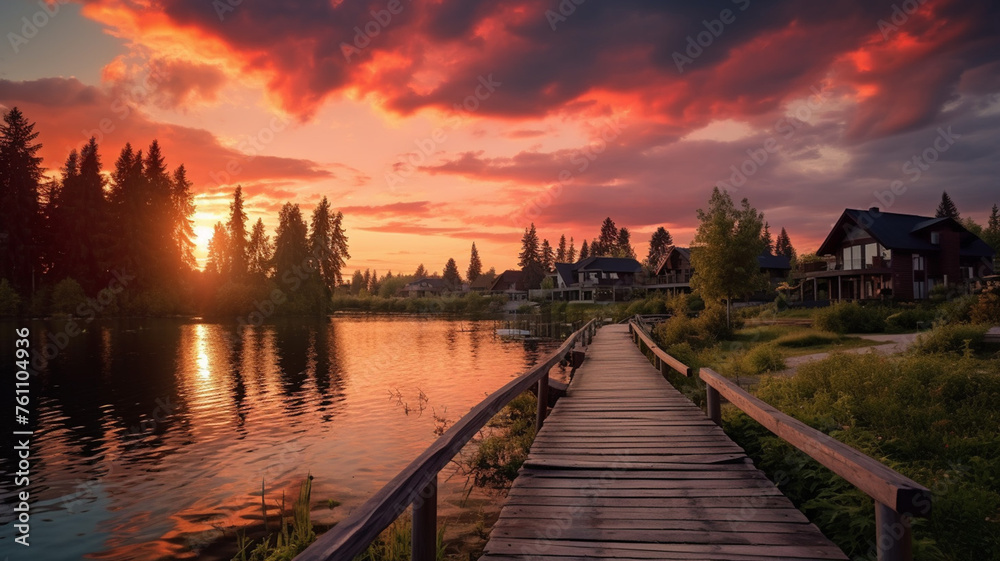 Sunset over the lake in the village landscape