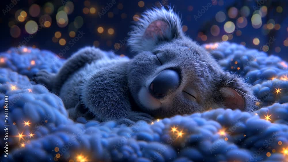 Baby koala sleeping on clouds with starry sky and night background. seamless looping 4k time-lapse animation video background