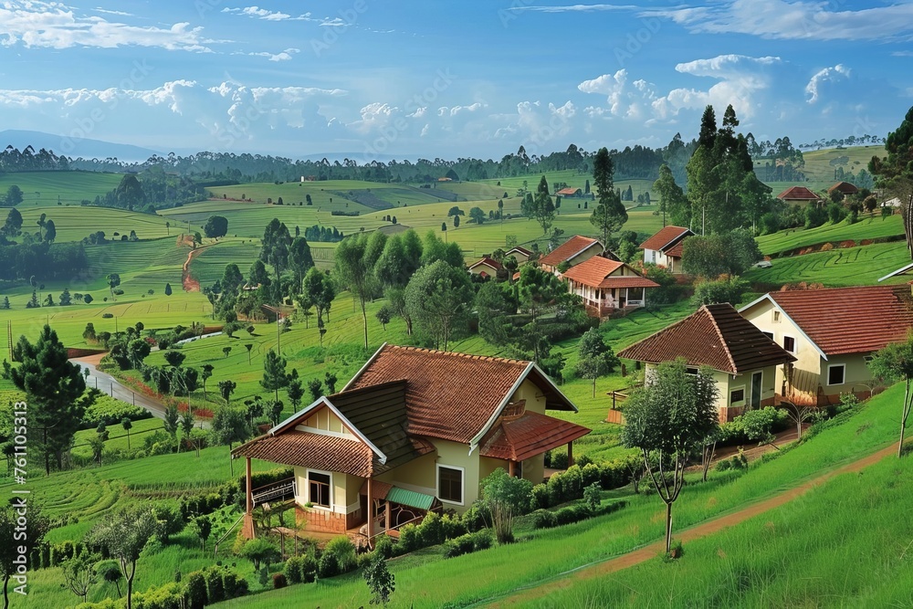 Embark on a journey through a picturesque countryside dotted with rolling hills and quaint farmhouses with a nature background, capturing the essence of rural charm, Generative AI Embark on a journey through a picturesque countryside dotted with rolling hills and quaint farmhouses with a nature background, capturing the essence of rural charm, Generative AI