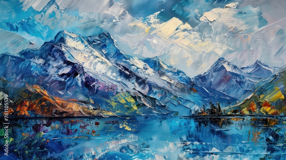 Obraz premium An oil painting presenting a dynamic view of a massive mountain range reflecting on a calm lake, painted with bold strokes