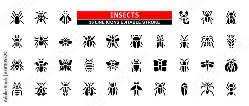 36 Insect Line Icons Set Pack Editable Stroke Vector Illustration.