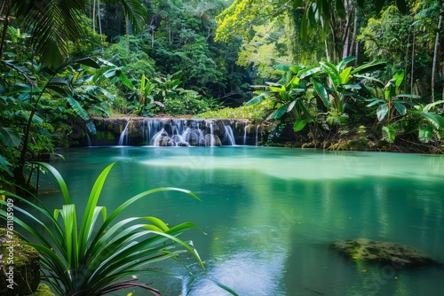 Discover the hidden wonders of a tropical rainforest with a nature background, teeming with vibrant flora and fauna amidst towering trees, Generative AI