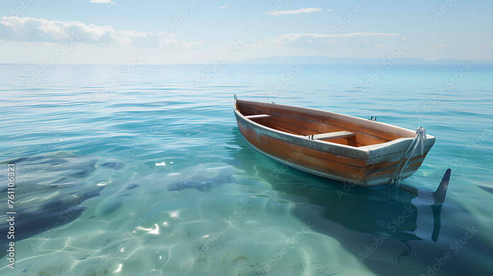 A small boat is floating on the ocean with a beautiful sunset in the background. The scene is peaceful and serene, with the boat being the only object in the water A small boat is floating on the ocean with a beautiful sunset in the background. The scene is peaceful and serene, with the boat being the only object in the water