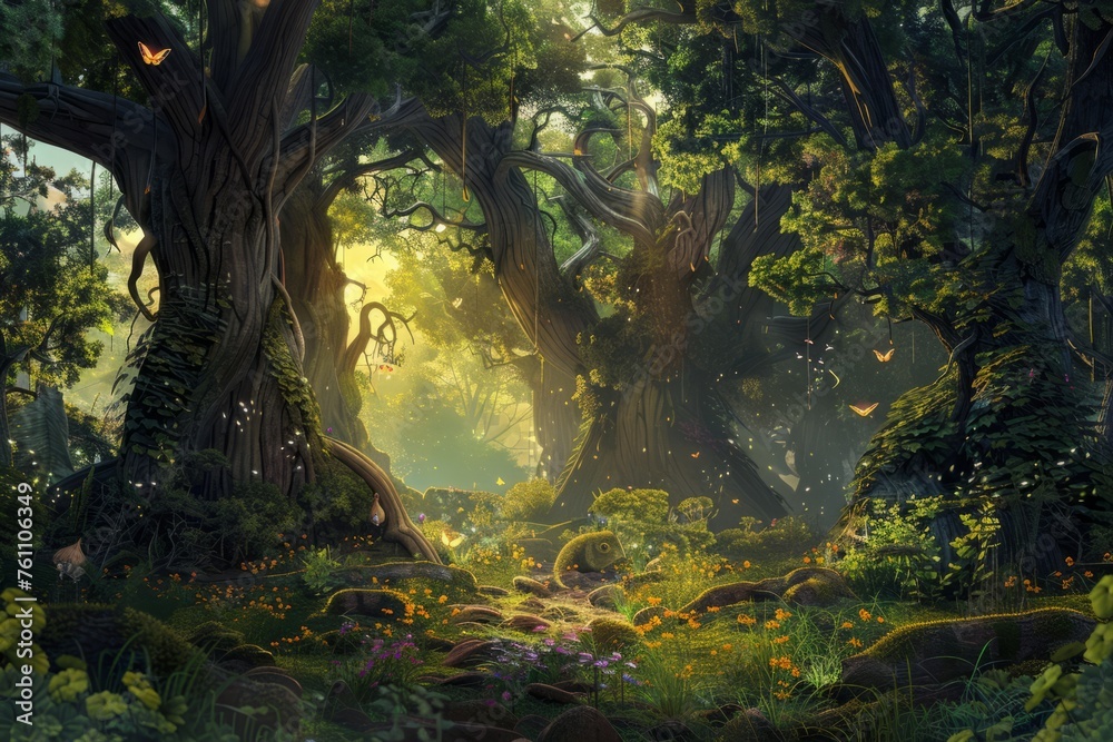 Discover the hidden treasures of an ancient forest filled with towering trees and mystical creatures with a nature background, capturing the essence of enchantment, Generative AI