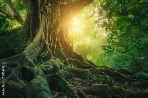 Discover the hidden treasures of an ancient forest filled with towering trees and mystical creatures with a nature background, capturing the essence of enchantment, Generative AI photo