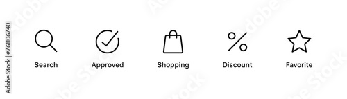 Shopping bag icon. Discount, percent icon. Check mark, tick box icon. Favorite star icon. Magnifying glass, search icon - Web icons set