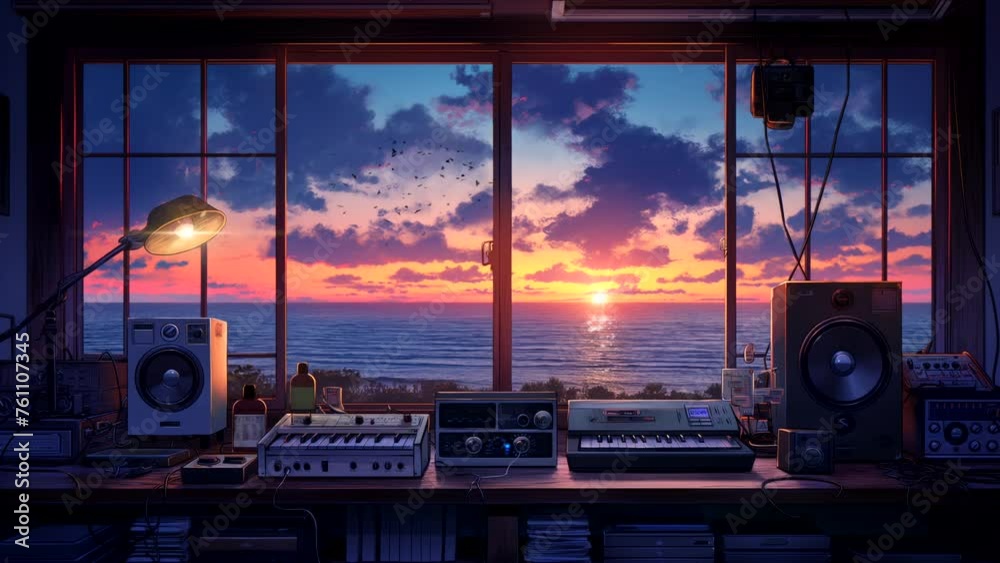 Radio studio with ocean view at sunset from the window, for Lofi music background. seamless looping 4k time-lapse animation video background
