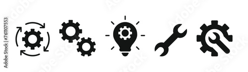 Business process icon set. Repair icon vector set , Setting gears icon. Light bulb icon with Cogwheel symbol . Workflow operations icon vector wrench tool, fix, gear, spanner icon in flat style.