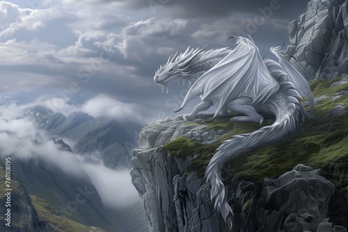 The dragon lies on a rock against the background of a mountain range