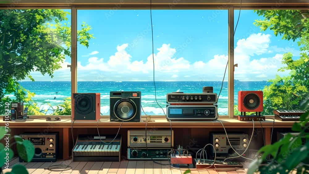 Radio studio with tropical beach at daytime from the window, for Lofi music background. seamless looping 4k time-lapse animation video background