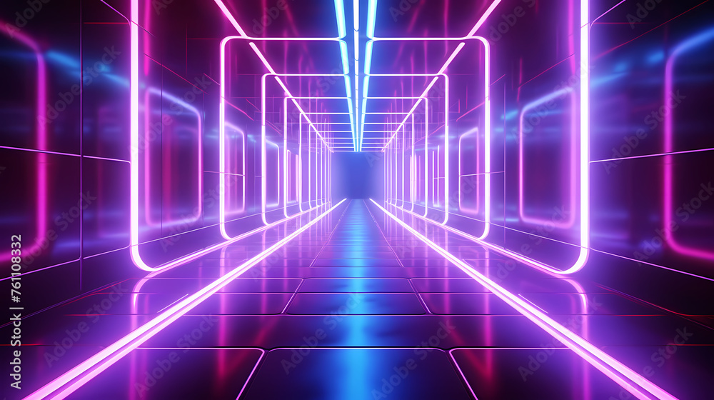 Corridor features vibrant neon lights and futuristic design Corridor features vibrant neon lights and futuristic design