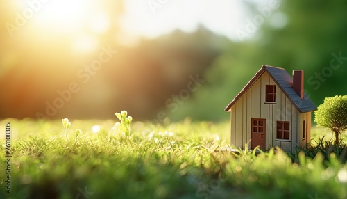 Closeup real estate concept wooden model of house on green grass