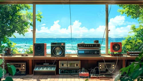 Radio studio with tropical beach at daytime from the window, for Lofi music background. seamless looping 4k time-lapse animation video background photo