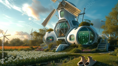 A futuristic Dutch windmill house with tulip-shaped smart windows, interactive wooden clogs, and holographic fields of blooming flowers.