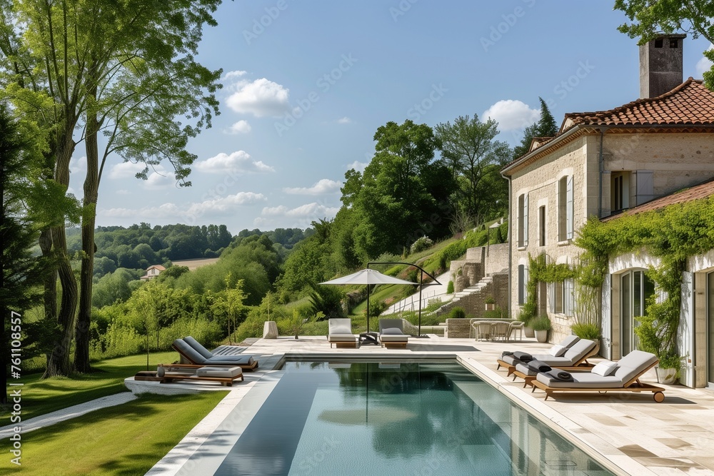 A French countryside villa with a cyberpunk twist, where past and future seamlessly coexist.
