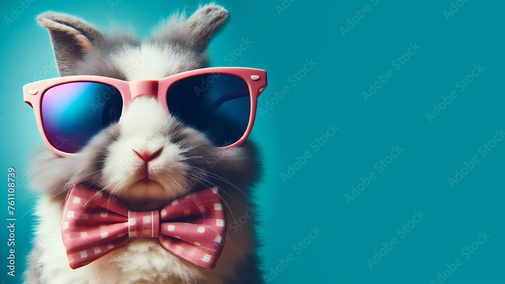 Funny Easter concept greeting card featuring a cool Easter bunny wearing pink sunglasses and a bow tie, isolated on a green background