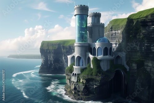 Imagine a high-tech Irish castle on the cliffs, featuring holographic turrets and sustainable living practices.
