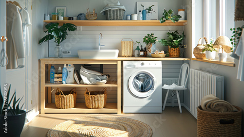 Functional laundry room with efficient storage, neutral color scheme and minimal decor © boxstock production